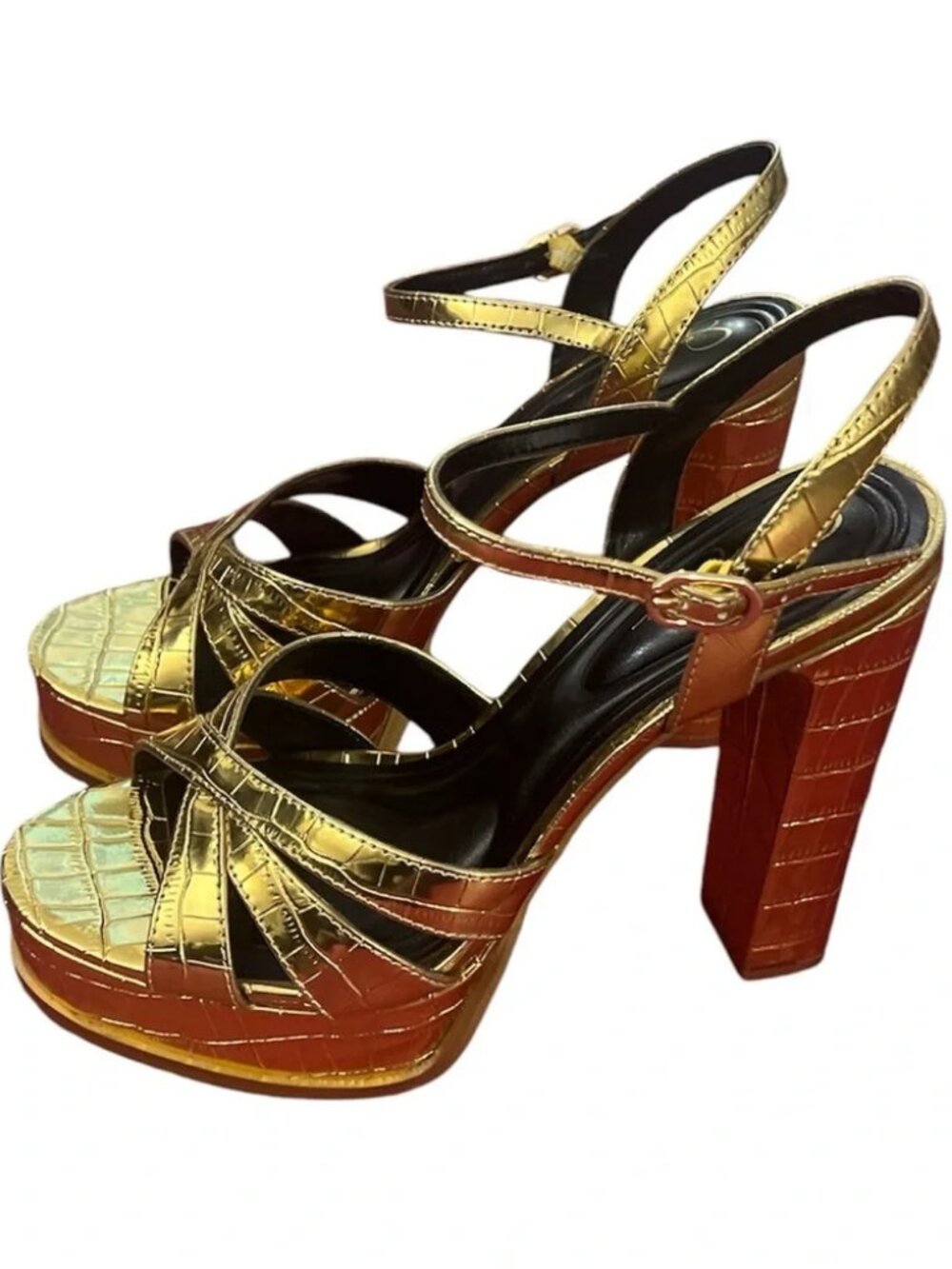 Jessica Simpson Giddings Gold Metallic Croc Strappy Chunky Heels Sz 9 EUC